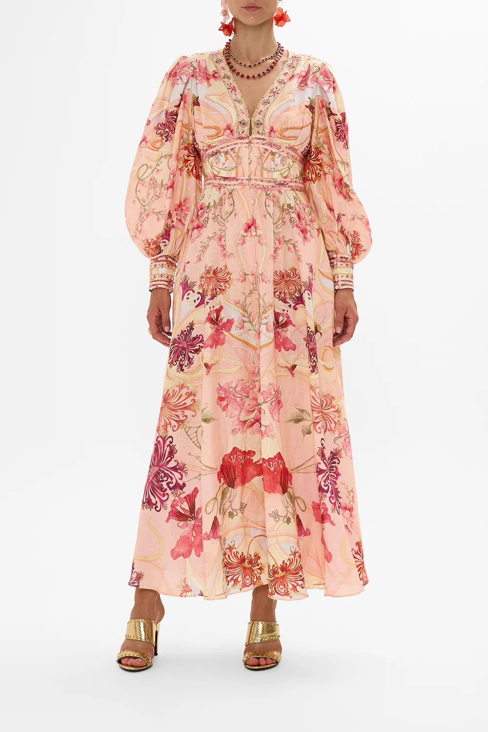 Shaped Waistband Dress with Gathered Sleeves - Blossoms And Brushstrokes