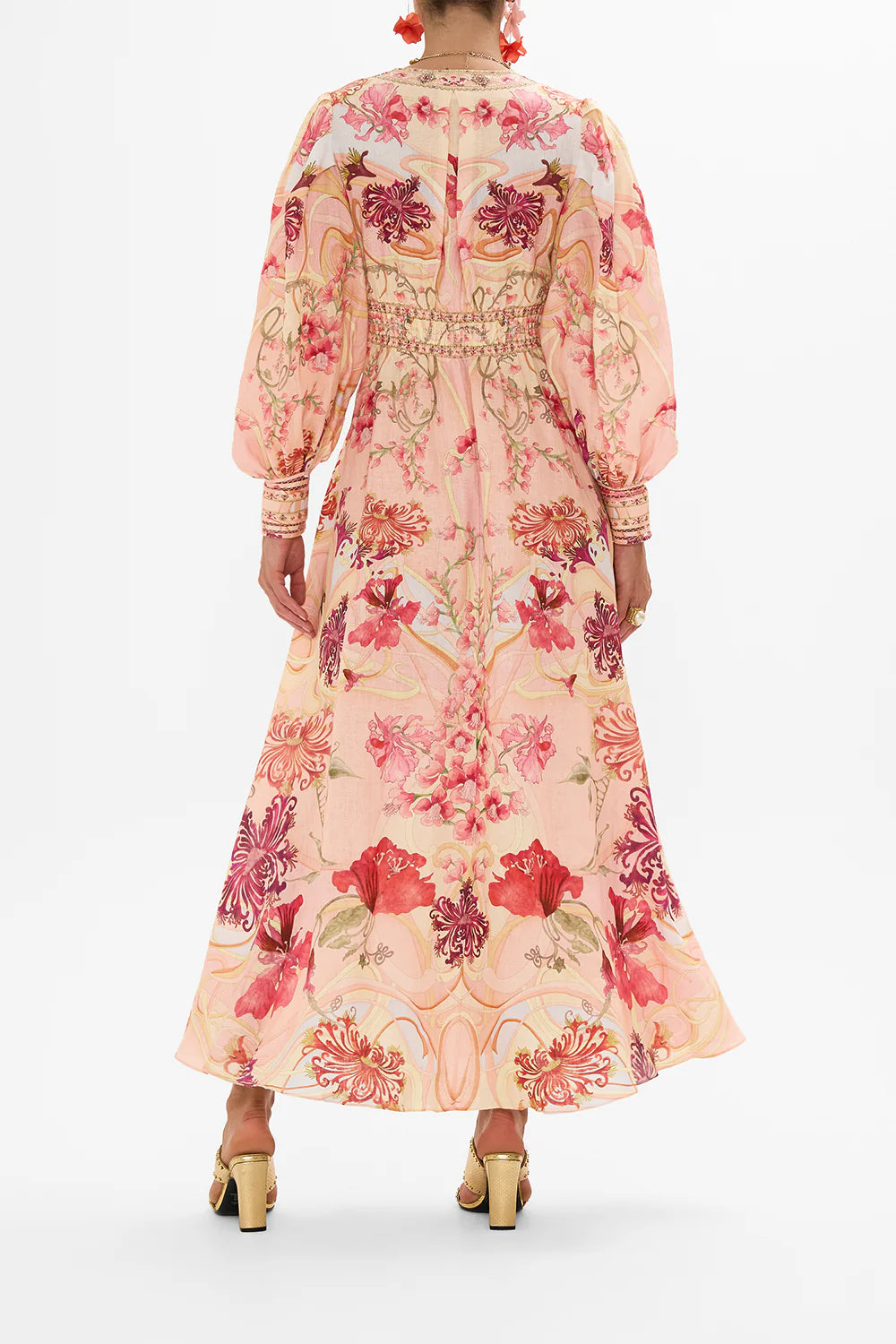 Shaped Waistband Dress with Gathered Sleeves - Blossoms And Brushstrokes