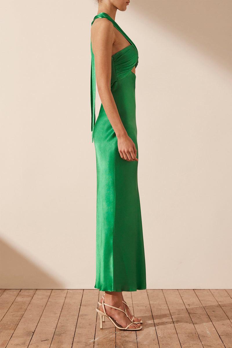 Lana Ruched Halter Midi Dress - Tree Green