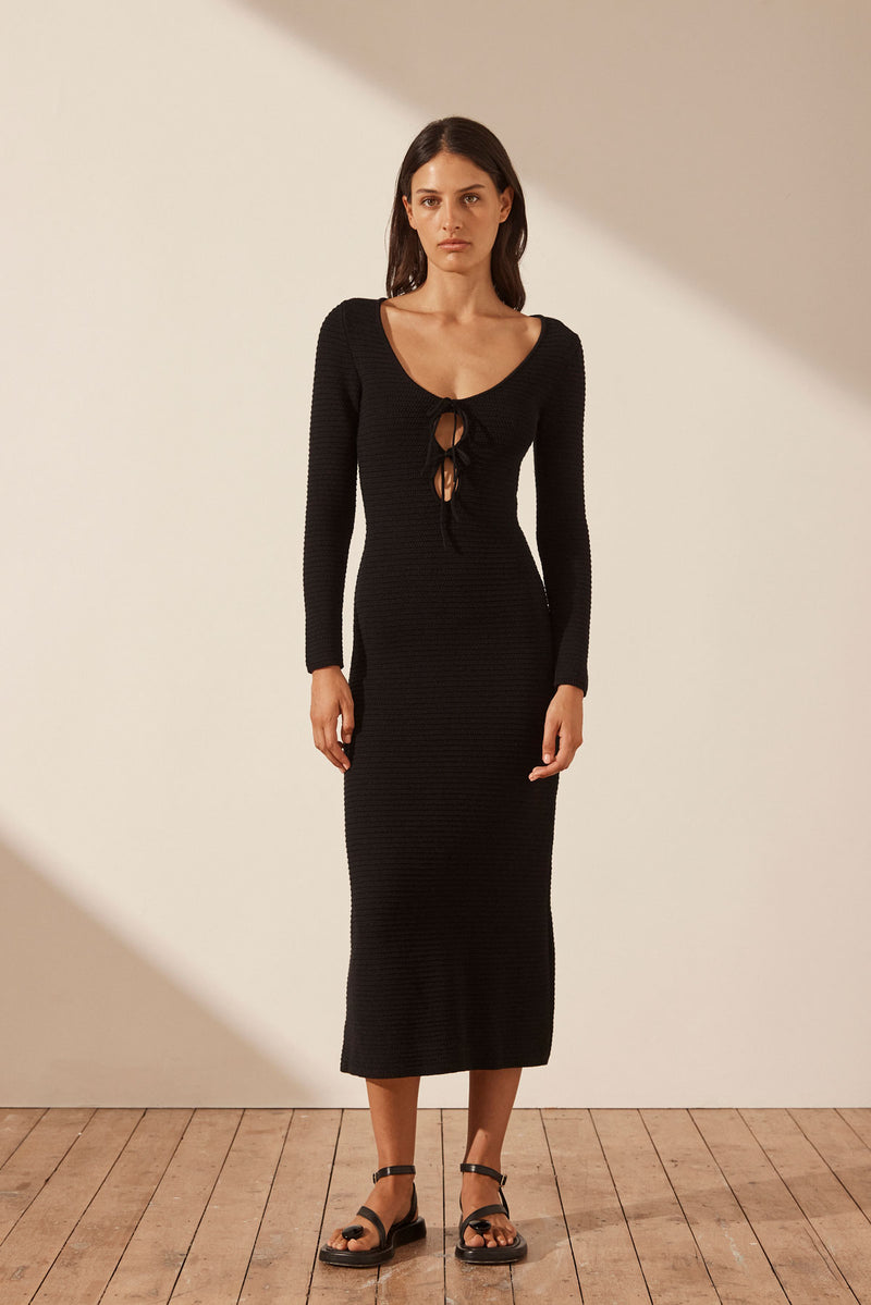 Eve Long Sleeve Keyhole Midi Dress - Black