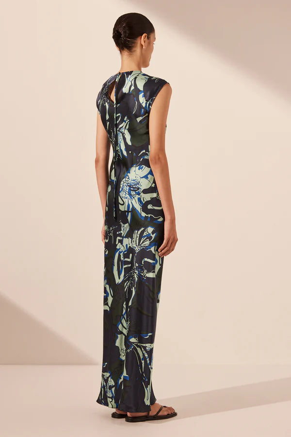 Franco Silk Side Split Maxi Dress - Navy/Multi