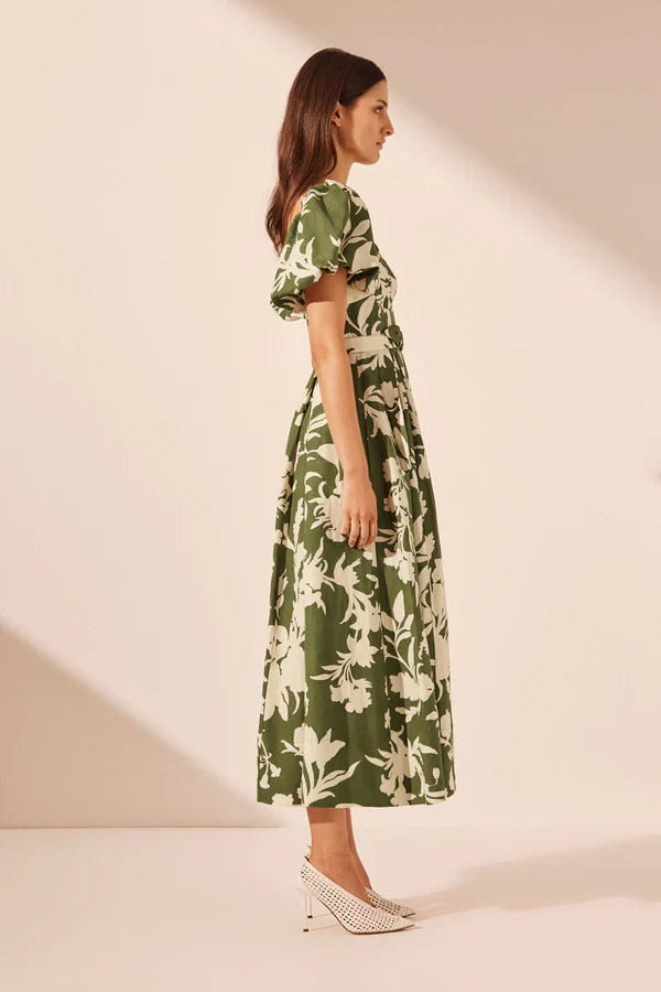 Renee Short Sleeve Panelled Bustier Midi Dress - Pesto/Ivory