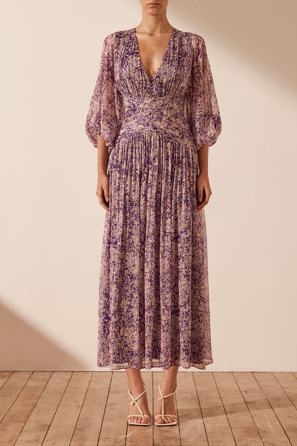 Aurier Long Sleeve V Neck Midi Dress - Purple/Multi
