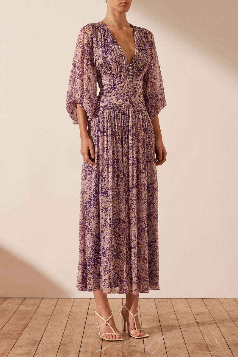 Aurier Long Sleeve V Neck Midi Dress - Purple/Multi