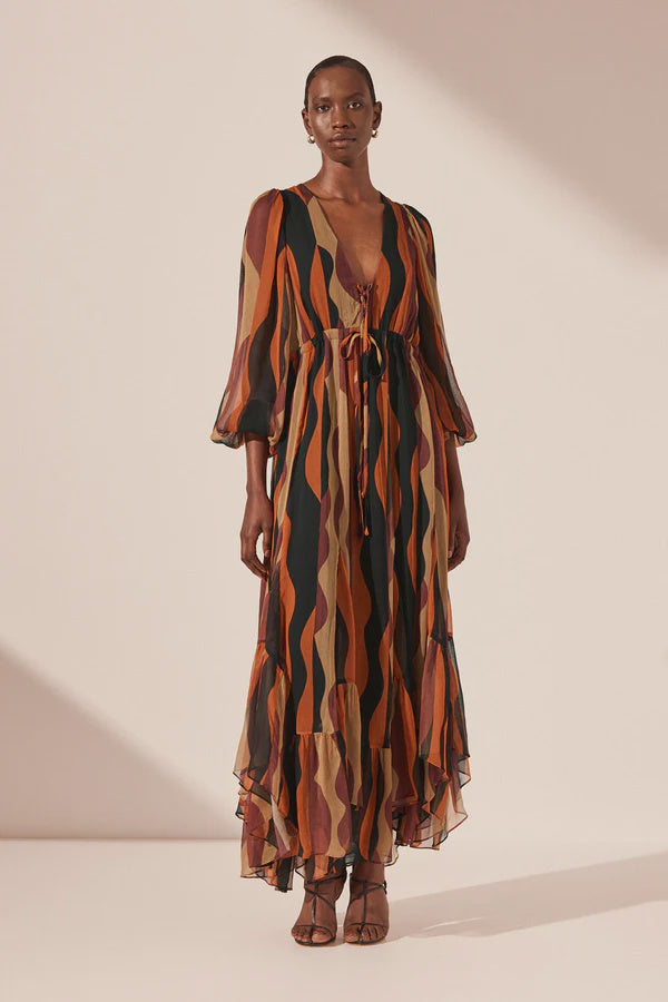 Anita Lace Front Drawstring Maxi Dress - Black Multi