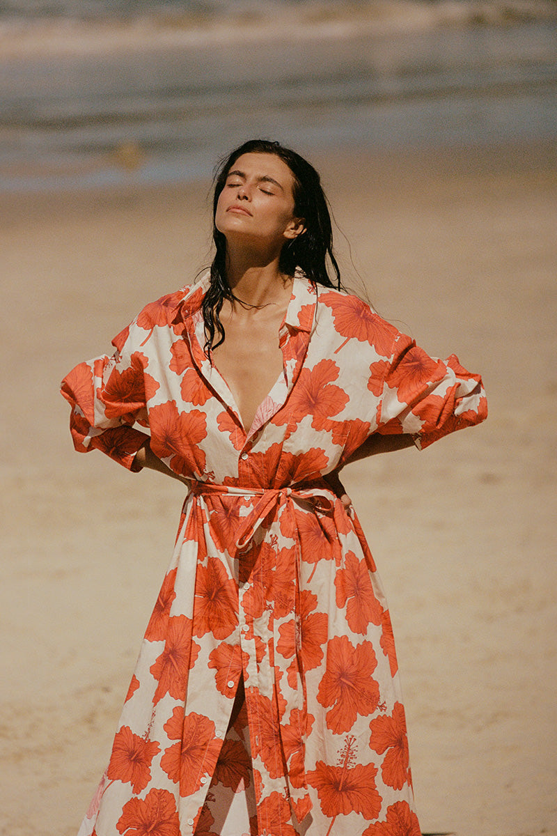 Olive Shirt Dress - Red Hibiscus