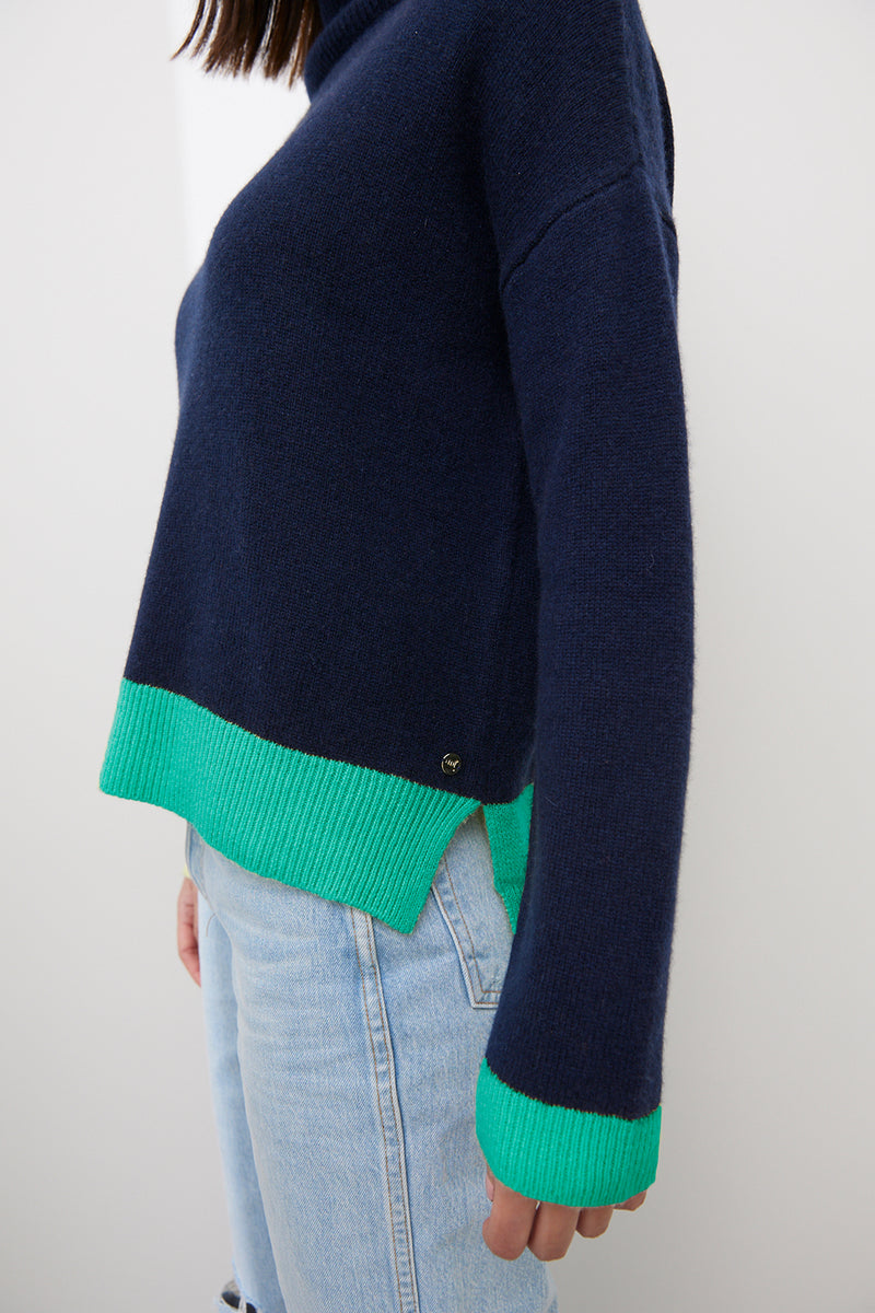 Tessa Mock Neck Knit - French Navy/Turquoise