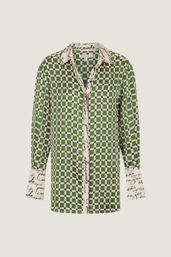 Kahlo Silk Contrast Relaxed Shirt- Fern/Multi